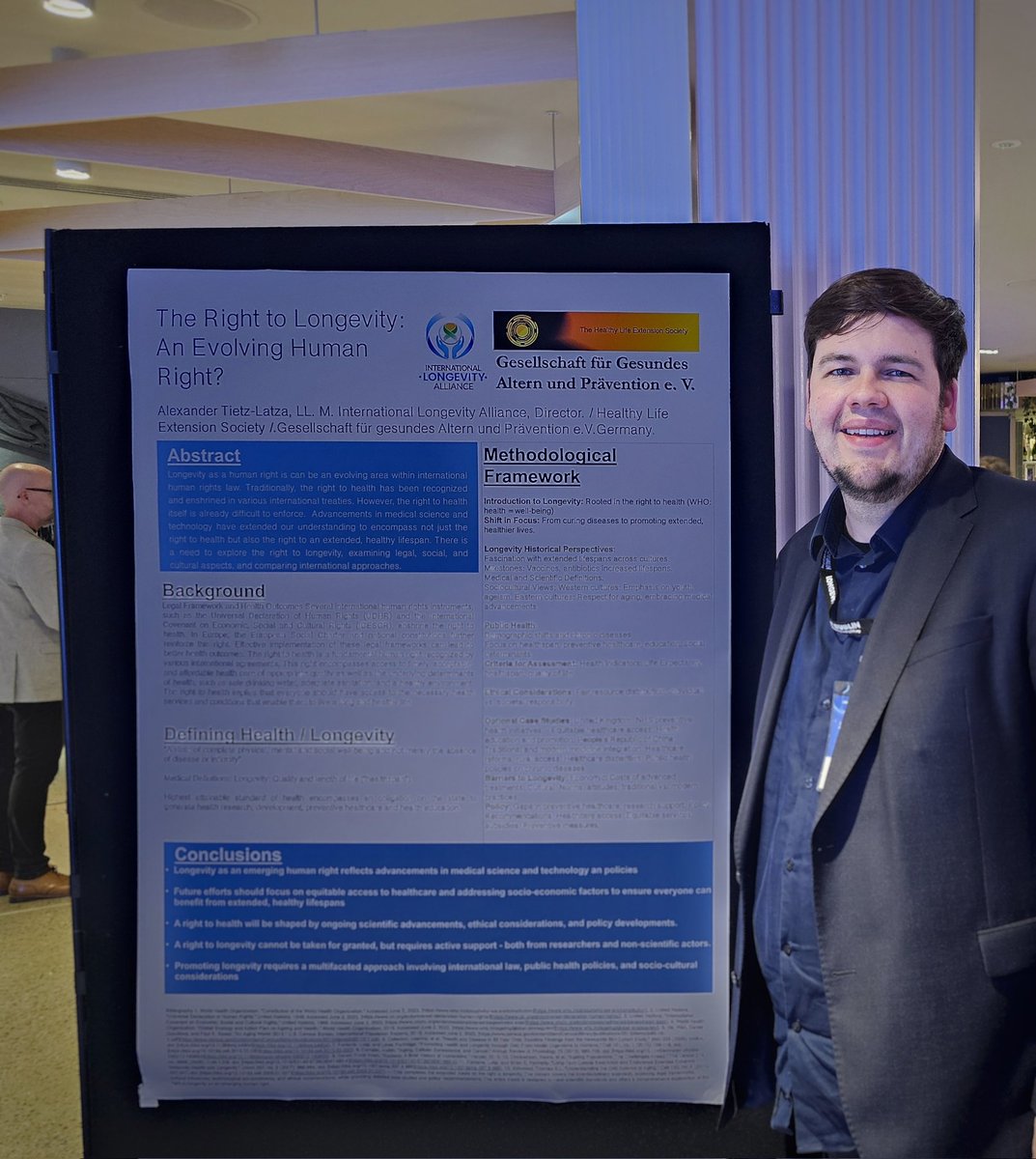 Alexander_Tietz's tweet photo. Day 1 of #LongevitySummit in Dublin was incredible! A huge thank you for the opportunity to present my poster on 'The Right to Health and #Longevity' &amp; fruitful discussions 'Health in All Policies'. Looking forward to day 2 of inspiring talks &amp; ideas! #Right2Health #HiAP https://t.co/OlxoWKOums