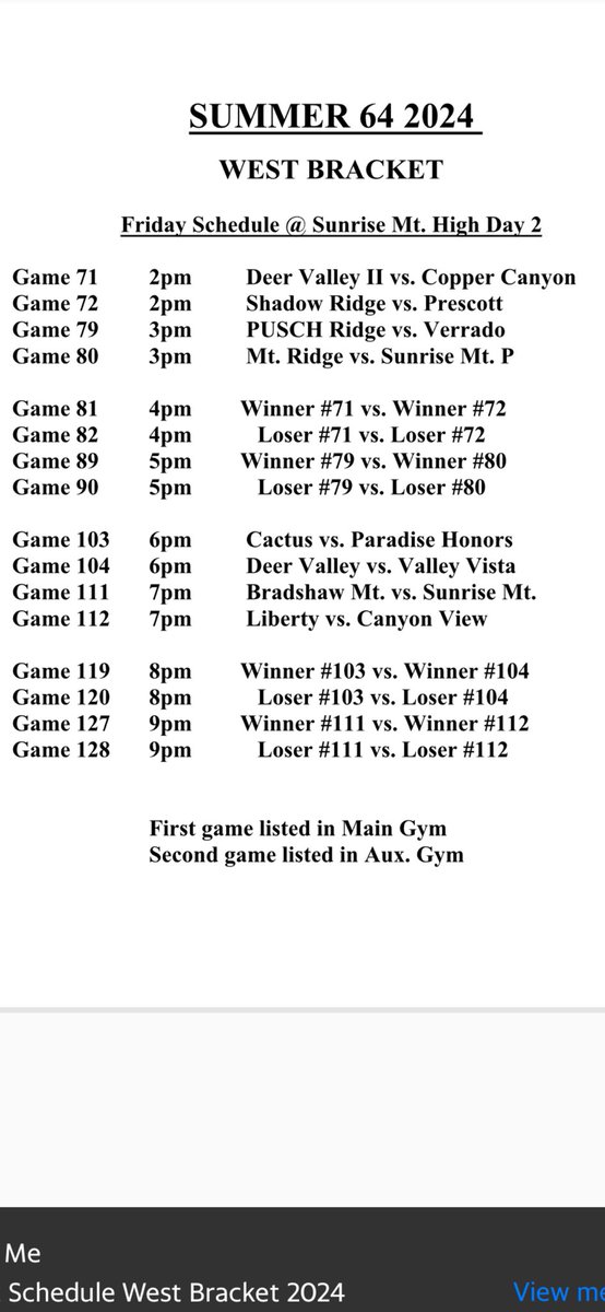 Day 2 schedule West Bracket at Sunrise Mt.