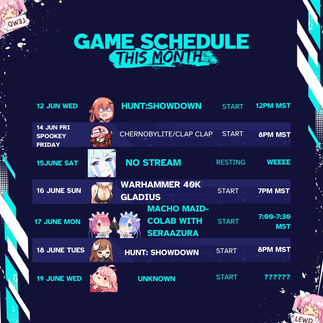 XTheLastHeroX's tweet photo. sorry, been a little behind on this thing! lol But here it is my week schedule wooo if you like spookey games and #anime and #waifus lol come on in! will have fun. #gamer #twitch #twitchstreamer #huntshowdown #warhammer40k #spookey #horror #twitchtv https://t.co/wwzIxWTecV