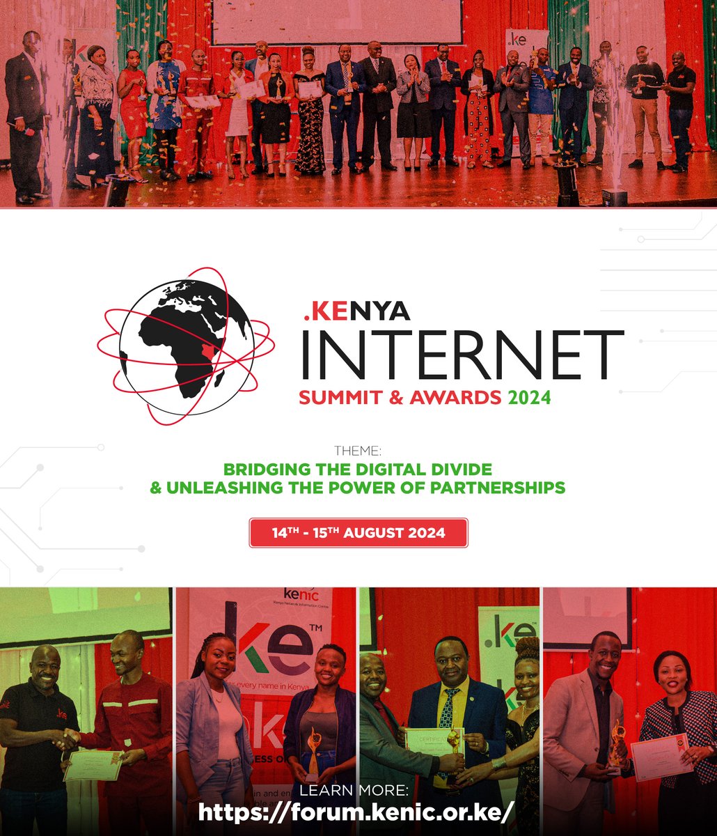 KenicTLD's tweet photo. Calling all internet users &amp; enthusiasts to the Kenya Internet Summit &amp; Registrar Awards. 

Engage with all players in the internet ecosystem as we shape the future of the internet in Kenya. 

Visit https://t.co/Crw84JsqHp Registration opens 19 June 2024.

#DotKE https://t.co/kMGXIqMJWl