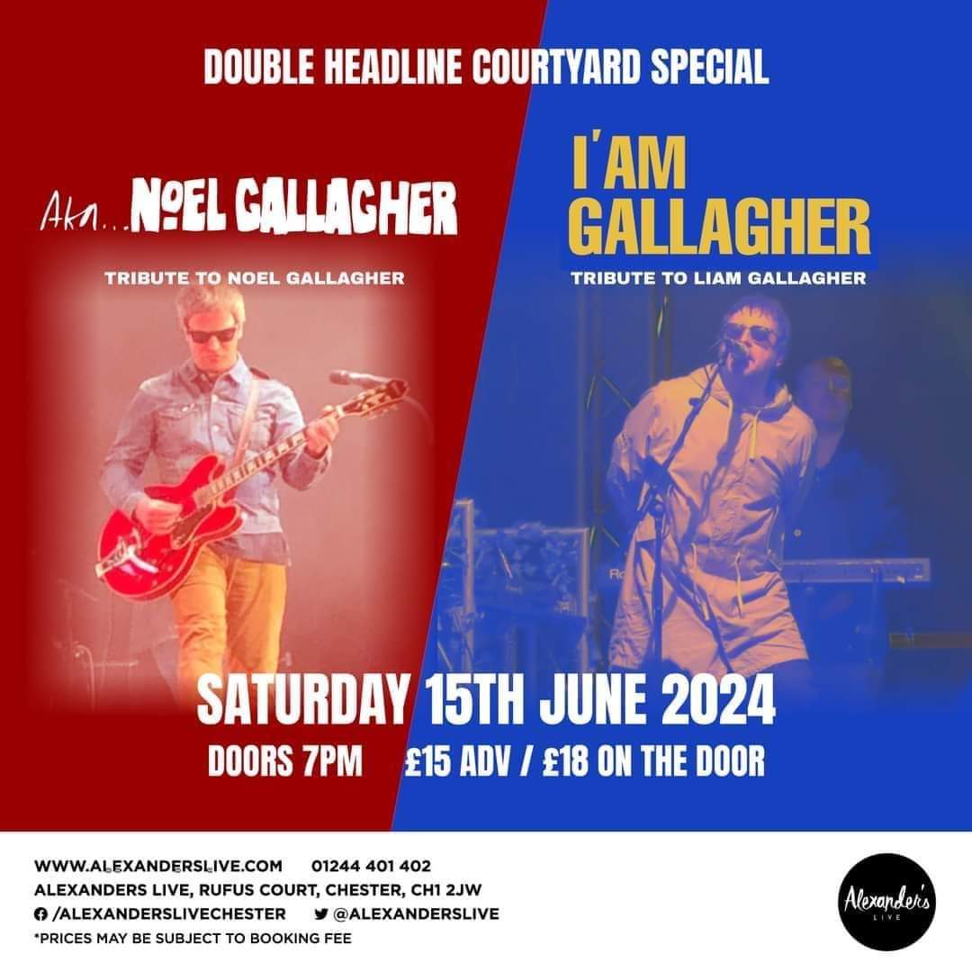 CHESTER

📍 Alexander's
📆 Sat 15th June
⏲️ Doors: 7
🎟️ seetickets.com/event/aka-noel…

With rkid I’am Gallagher for a massive night of Oasis, NGHFB &amp; Liam Gallagher

Get your tickets! 👍😎

#AKANoelGallagher #IAmGallagher #Alexanders #Chester #NoelGallagher #LiamGallagher #Oasis #NGHFB