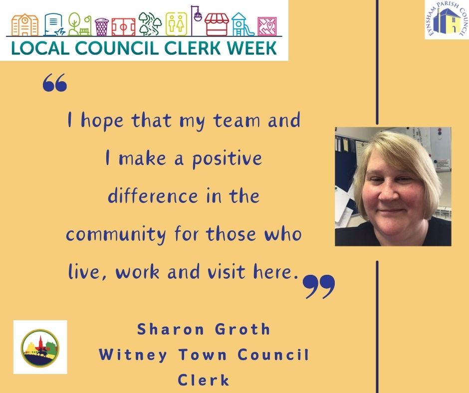 EynshamPC's tweet image. On Local Council Clerk Week, we're sending a digital high five to one of neighbours: Sharon Groth at @WitneyTownCounc. Sharon joined the Council as the Responsible Financial Officer and then became the Clerk 17 years ago! #LCCW @SLCCnews
