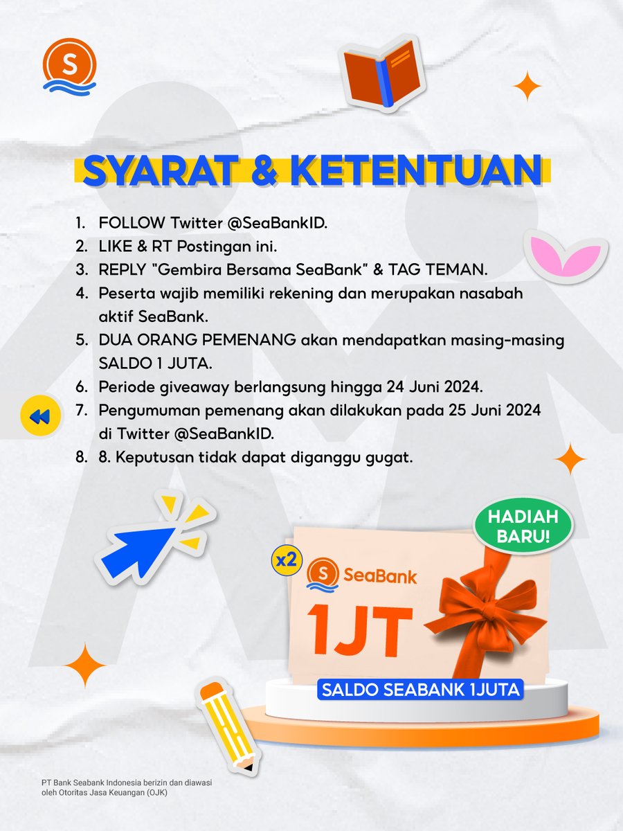 💥HADIAH BARU: SALDO 1JT x2💥
#GembiraBersamaSeaBank

Yuk ikuti langkah berikut:
1. FOLLOW Twitter @SEABANKID
2. LIKE &amp; RT Tweet ini
3. REPLY "Gembira Bersama SeaBank" minimal 10x
4. TAG TEMAN KAMU

Selengkapnya cek di slide 2 🥳