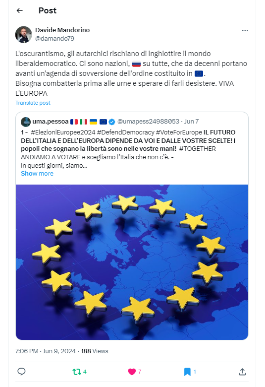 umapess24988053's tweet photo. 3 โ #ElezioniEuropee2024 #DefendEurope #StandForEurope โค๏ธ๐ช๐บ DEMOCRAZIA, CIVILTAโ, EUROPA RESILIENTE CONTRO LโOSCURANTISMO PROMOSSO DALLA BARBARIE RUSSA E COMPLICI INERTI -
NOI โCOMBATTEREMOโ per ripulire il nostro Paese dai FALSI e VILI, ammaliati da #PutinWarCriminal e incapaci di stare dalla parte giusta della Storia.
#StrongerTOGETHER #DefendDemocracy #StopRussianImperialism
Ulteriori condivisioni in QUOTES di questo thread di CITTADINI DETERMINATI, COMBATTIVI E COSCIENZIOSI: GRAZIE DI CUORE โค๏ธ a tutti voi per aver contribuito a tenere accesa la speranza di un cambiamento in difesa dei valori democratici e civili, che lโEuropa persegue, e per non esservi arresi nel sensibilizzare e diffondere il messaggio di CONTRASTO allo sporco gioco di Putin e dei suoi burattini occidentali che intendono annientare la libertร individuale e arrestare il progresso dei nostri popoli, della nostra civiltร .
#StopPutinPuppets #StopRussianPropaganda #StopHybridWarfare
@damando79 - https://t.co/ajPnRn9FHH
@Armega1967 - https://t.co/jjIdo49535
@evermoremorena - https://t.co/V6MA6HgcJo
@26_jonas_71 - https://t.co/PSF8HQtNtR
@Dardl4 - https://t.co/rzQZYtYQOI
@GabryBab10 - https://t.co/d2PYWhbgr0
3/n