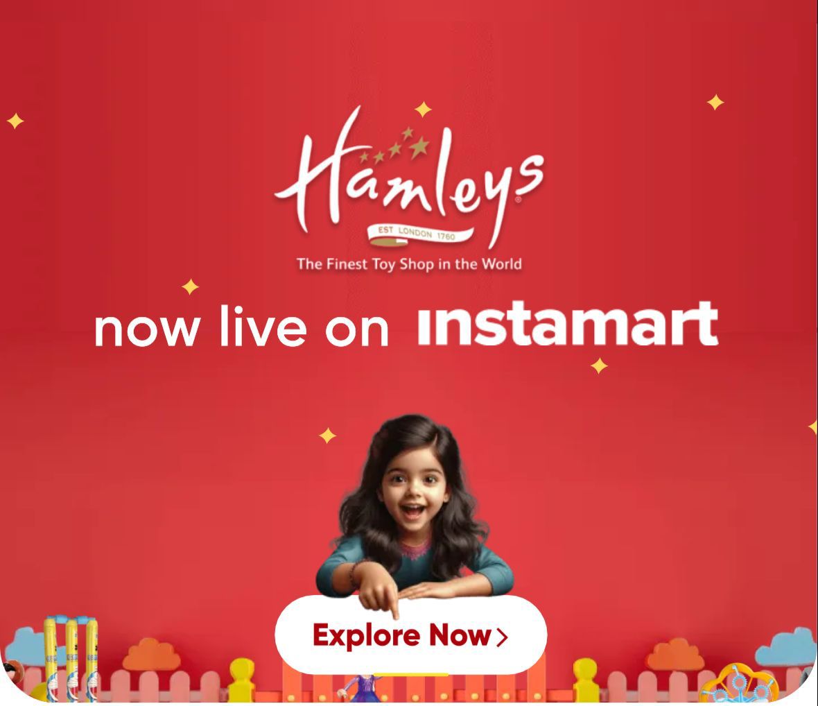 Okay guys. This is big!

Super excited to announce  <a href="/Hamleys_India/">Hamleys India</a>'s launch on <a href="/SwiggyInstamart/">Instamart</a> to get a fantastic array of products for kids (and adults)! 

Be it Lego, Barbie, Hot Wheels or official Disney toys, we have them all available for delivery in 10 mins.

We went live