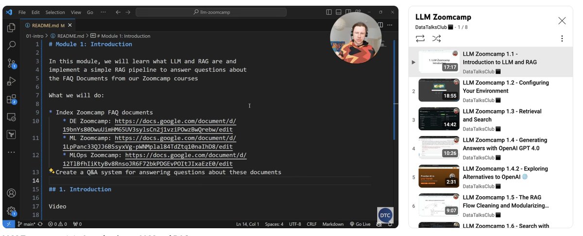 Al_Grigor's tweet image. Module 1 of LLM Zoomcamp is ready!
In this module, you'll set up a RAG flow for searching in a knowledge base and retrieving important contexts for LLM.
Watch it here: youtube.com/watch?v=Q75JgL…
Code and notes: github.com/DataTalksClub/…
See you on Monday when the course starts!
