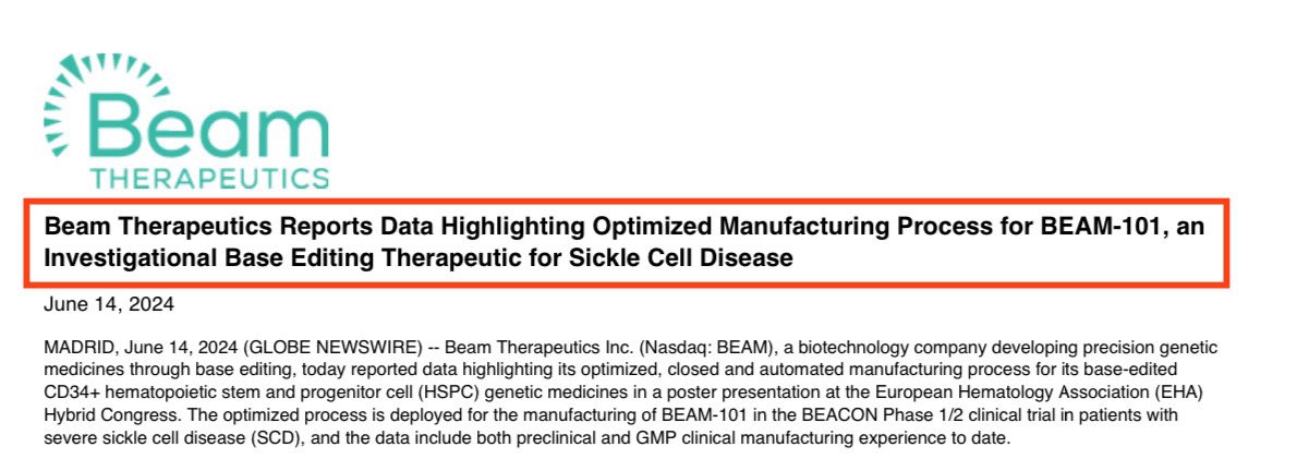Yair Einhorn (@yaireinhorn) on Twitter photo 1/<a href="/BeamTx/">Beam Therapeutics</a> reported data highlighting its manufacturing process for its base-edited CD34+ hematopoietic stem & progenitor cell (HSPC) gene editing medicines & $BEAM-101 as part of the BEACON Phase 1/2 clinical trial in patients with severe sickle cell disease (SCD). #EHA2024 $XBI 1/<a href="/BeamTx/">Beam Therapeutics</a> reported data highlighting its manufacturing process for its base-edited CD34+ hematopoietic stem & progenitor cell (HSPC) gene editing medicines & $BEAM-101 as part of the BEACON Phase 1/2 clinical trial in patients with severe sickle cell disease (SCD). #EHA2024 $XBI