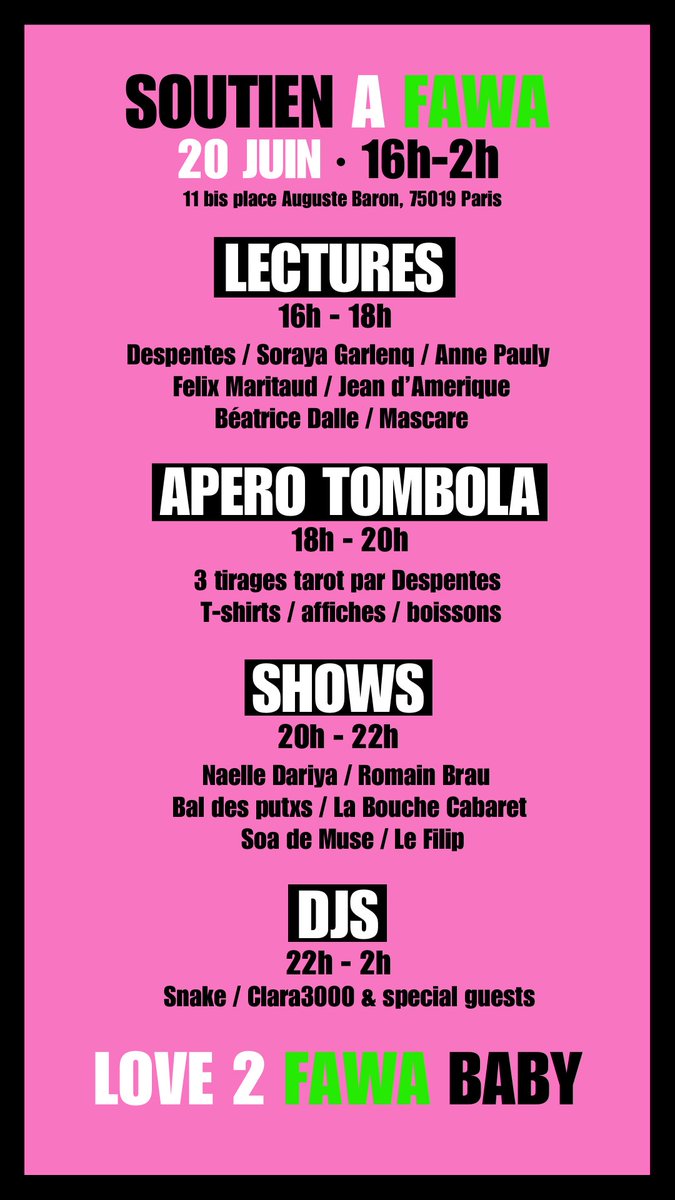 Le projet collectif, solidaire, culturel et culinaire FAWA a besoin de soutien

RV à Paris (19e) jeudi 20 juin pour des lectures, un apéro tombola, shows et DJs

 🎟️ Réserver helloasso.com/associations/n…
 
 ✨Aider Fawa à financer ses projets : helloasso.com/associations/3…