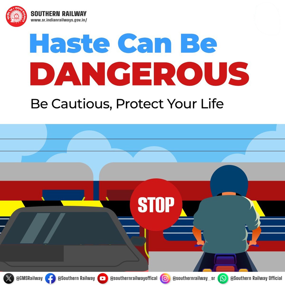 GMSRailway's tweet image. Don't rush and risk your life at level crossings. 
Waiting for the gate to open ensures a smooth and safe journey. Remember, patience can save lives. 

#SafetyFirst #RoadSafety #StayCautious #RailwaySafety #SouthernRailway #RailwayRules #SafetyRules