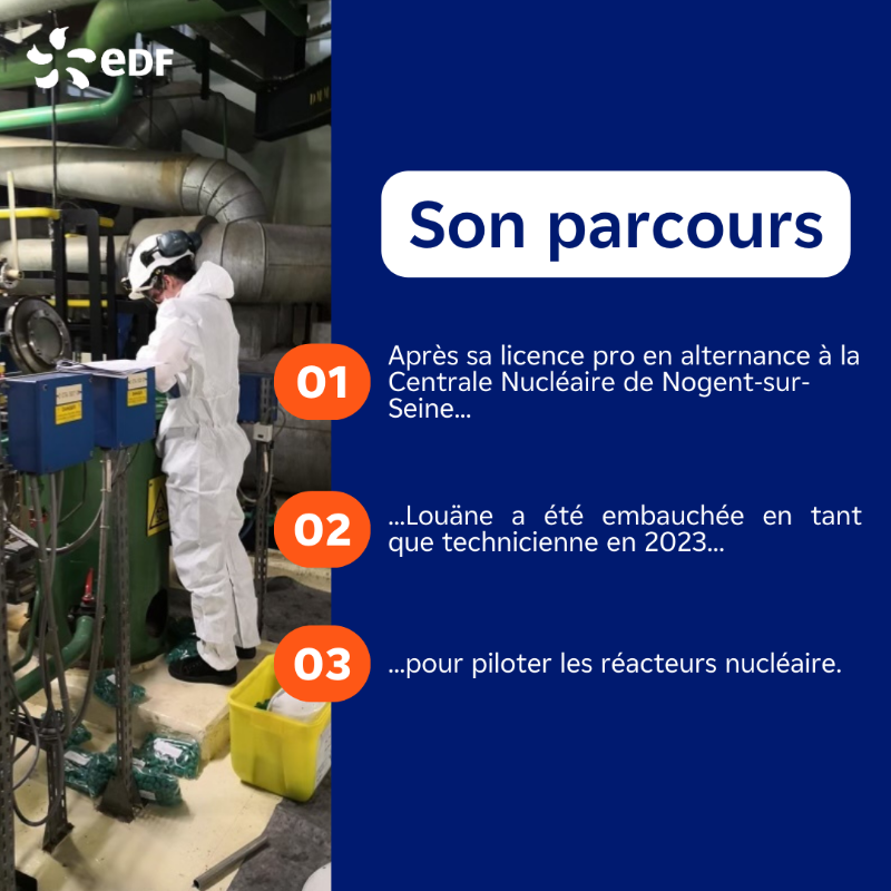 edfrecrute's tweet photo. 🌟 Louäne, jeune technicienne prometteuse chez EDF ! Embauchée en 2023 après une alternance, elle se forme pour devenir opératrice à la centrale #nucléaire de @EDFNogent
Passionnée et déterminée, elle montre que les femmes excellent dans l'énergie
Rejoignez-la chez EDF ⬇️