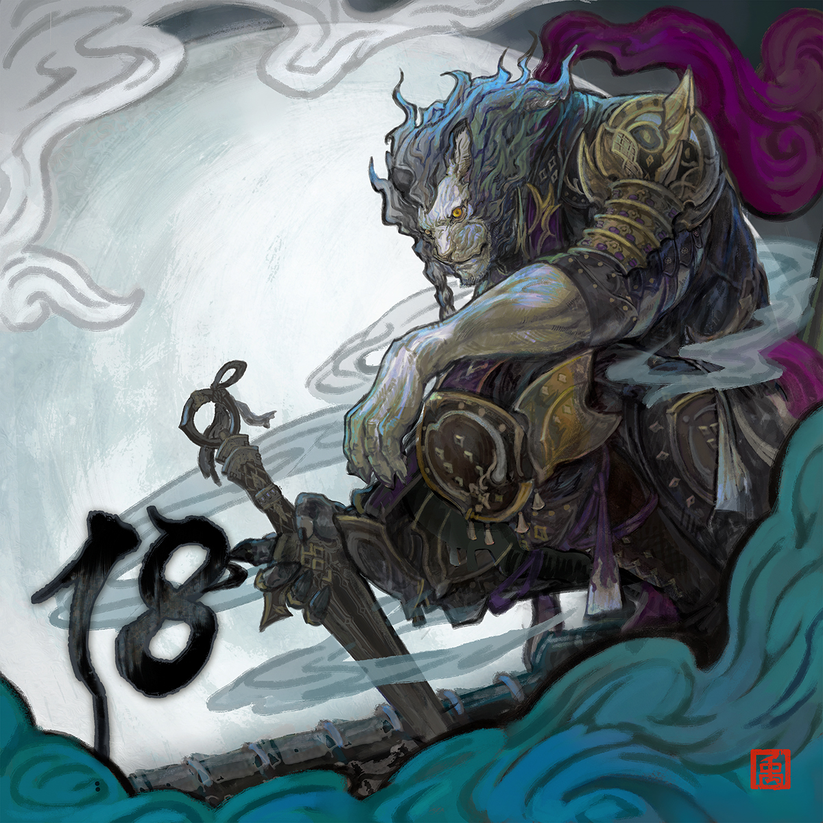 A Final Fantasy 14 illustration showing a Hrothgar ninja dressed in dark-colored gear with gold-plated shoulder- and kneeguards staring menacingly, squatting on the ground with their left arm on their knee and holding a dagger in his right hand. He is surrounded by white, purple, and green-colored cloud patterns. 18 days to go until Dawntrail.