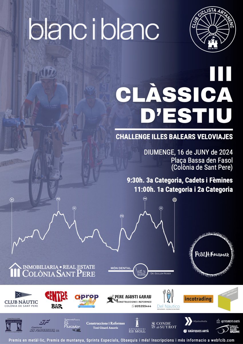 III CLÀSSICA D'ESTIU

🏁Challenge Illes Balears
⏱️Diumenge, 16 de juny
📍Colònia de Sant Pere
🚴‍♀️9:30h. 3ª categoria, cadets i fèmines
🚴🏽‍♂️11:00h. 1ª categoria i 2ª categoria
🧑🏽‍💻Darreres inscripcions a webfcib.es
