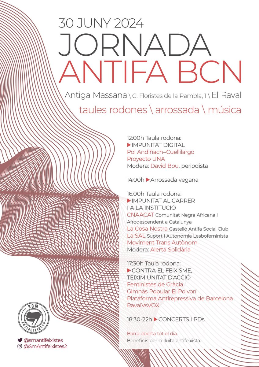 ▶Diumenge 30 juny 2024 organitzem la #JornadaAntifaBCN: taules rodones, arrossada i música des 12h a 22h a l'Antiga Massana del Raval.

Pels temps que vivim i pels que vindran, teixim unitat d'acció.

Reserveu la data, seguiu-nos a xarxes i difoneu aquest cartell!