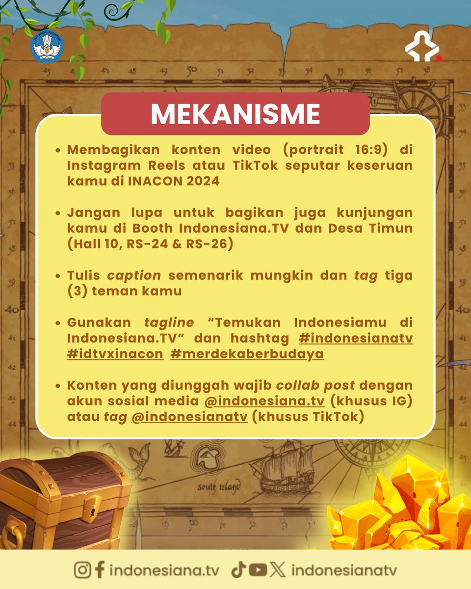 Kayana,
Ada lagi nih kesempatan untuk menangin hadiah keren dari Indonesiana.TV! 🎁

Bagi kamu yang hadir di INACON 2024 pada tanggal 15–16 Juni 2024, jangan lupa buat konten semenarik mungkin di Booth Indonesiana.TV &amp; Desa Timun dan bagikan di medsos kamu —