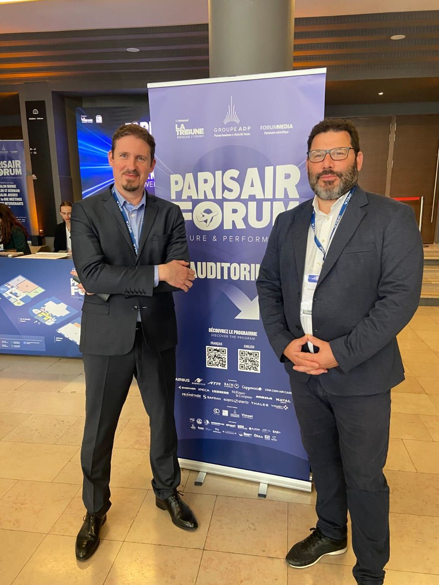 Hello from #ParisAirForum! 

Our CEO Jean-Luc Maria &amp; COO Sébastien Duménil joined this year's edition "#Future &amp; #Performance": improving performance now for a #sustainable future. 

Our mission: enable satellites to move in #space, increase performance, reduce #spacepollution.