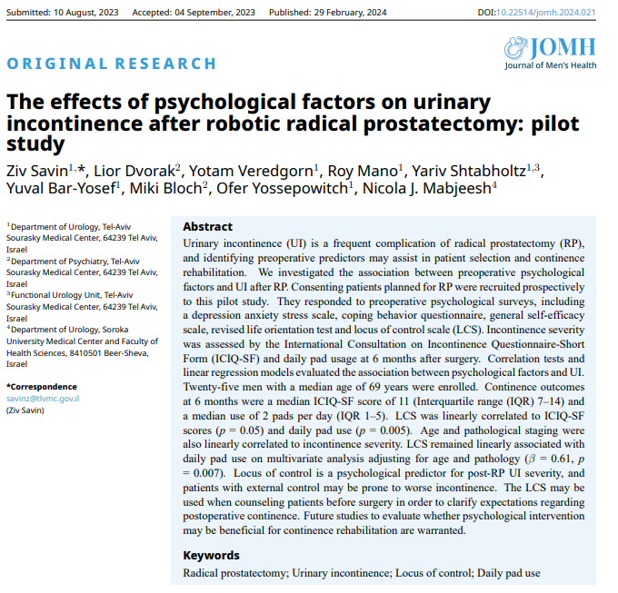 🧐A pilot study investigating the association between preoperative psychological factors and #urinary #incontinence after radical #prostatectomy.  <a href="/ZivSavin/">Ziv Savin</a> 
👉jomh.org/articles/10.22…