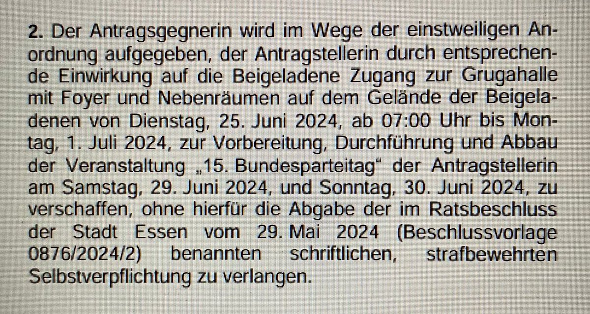 Die #AfD hat gesiegt: die Stadt #Essen muss auf den Betreiber der Messe einwirken, damit dieser seinen ursprünglichen Vertrag mit der Partei zur Durchführung des #AfDBPT erfüllt - ohne Auflagen. 

Der #CDU-Bürgermeister hat sich nicht nur blamiert, er hat der Demokratie massiven