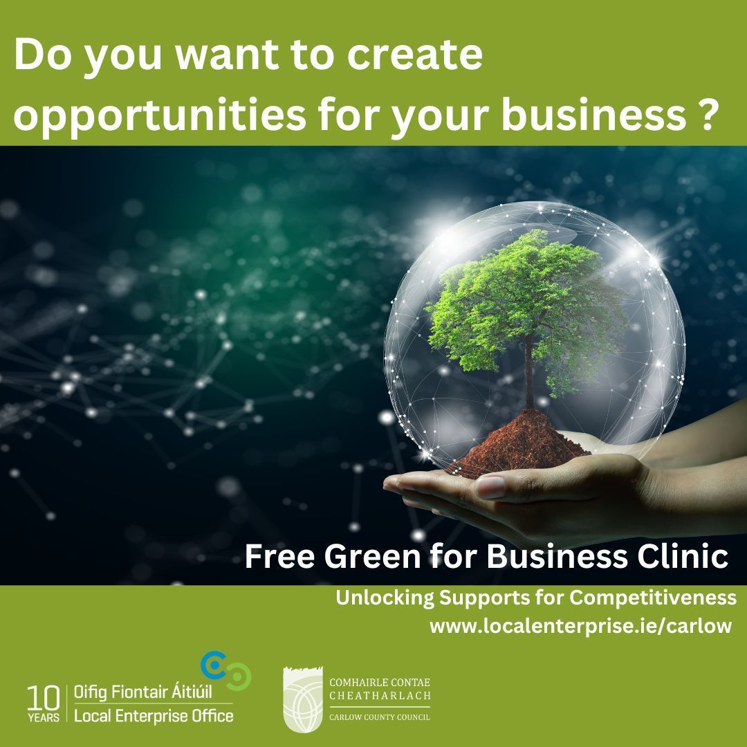 inCarlow | Carlow LEO (@carlowleo) on Twitter photo Get FREE guidance from green consultants on how small, actionable changes to your #Carlow business can result in significant positive impacts on both the business and the environment.
Details at buff.ly/3Vm4AdO
#MakingItHappen
<a href="/carlow_co_co/">CarlowCountyCouncil</a> <a href="/carlowchamber/">County Carlow Chamber</a> Get FREE guidance from green consultants on how small, actionable changes to your #Carlow business can result in significant positive impacts on both the business and the environment.
Details at buff.ly/3Vm4AdO
#MakingItHappen
<a href="/carlow_co_co/">CarlowCountyCouncil</a> <a href="/carlowchamber/">County Carlow Chamber</a>