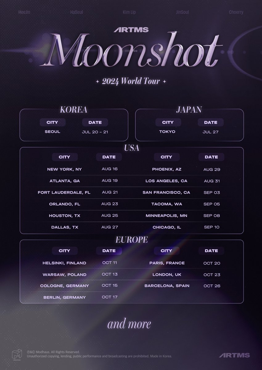 official_artms's tweet photo. 2024 ARTMS World Tour <Moonshot>

🚨Ticket sales for Korea & Europe coming soon

Korea
📍2024.07.20 - 21 SEOUL

Japan
📍2024.07.27 YOKOHAMA

USA
📍2024.08.16 NEW YORK, NY
📍2024.08.19 ATLANTA, GA
📍2024.08.21 FORT LAUDERDALE, FL
📍2024.08.23 ORLANDO, FL
📍2024.08.25 HOUSTON, TX
📍2024.08.27 DALLAS, TX
📍2024.08.29 PHOENIX, AZ
📍2024.08.31 LOS ANGELES, CA
📍2024.09.03 SAN FRANCISCO, CA
📍2024.09.05 TACOMA, WA
📍2024.09.08 MINNEAPOLIS, MN
📍2024.09.10 CHICAGO, IL

EUROPE
📍2024.10.11 HELSINKI, FINLAND
📍2024.10.13 WARSAW, POLAND
📍2024.10.15 COLOGNE, GERMANY
📍2024.10.17 BERLIN, GERMANY
📍2024.10.20 PARIS, FRANCE
📍2024.10.23 LONDON, UK
📍2024.10.26 BARCELONA, SPAIN

#ARTMS #OURII #Moonshot
#Dall #Devine_All_Love_Live #Virtual_Angel