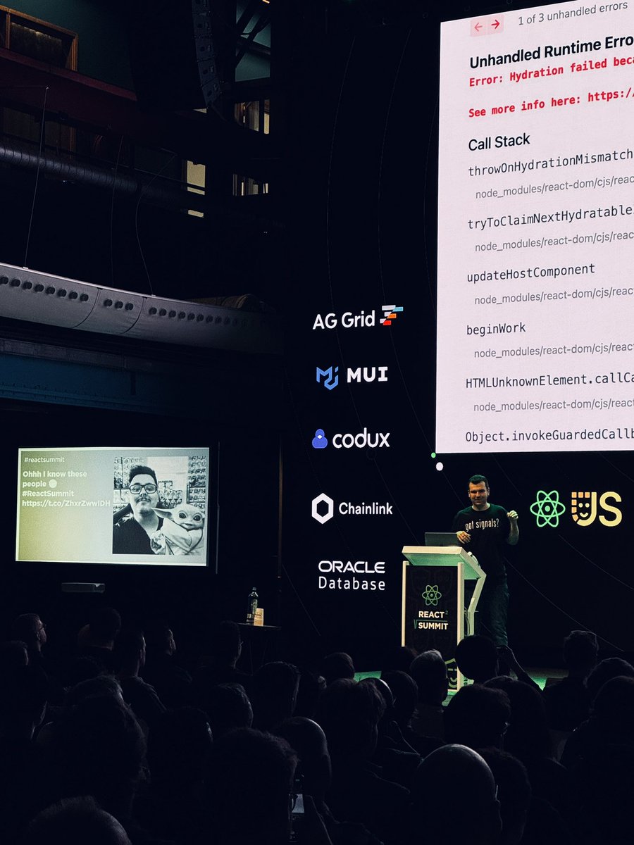 mrkosima's tweet image. I know people who know these people 😅 

@danieljcafonso next to @RyanCarniato who is speaking about Frontend&apos;s Existential Crisis at #reactsummit #gitnation #jsnation