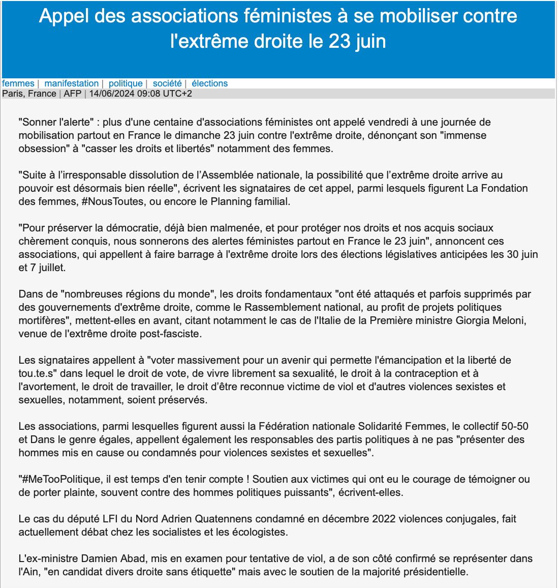 Appel à mobilisation générale le 23 juin prochain : face aux dangers de l’extrême droite les associations sonnent l’@alertefeministe partout en France #AlertesFeministes #AlertesAfrofeministes #AlertesEcofeministes