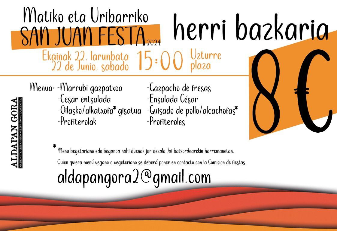 📢 🍽️🎟 Kaixo auzokide!

Ekainaren 22an bazkari herrikoia egingo dugu! Erosi zure ticket Bar El Final edo Los Arcos tabernan ekainaren 18a baino lehen!

El 22 de junio haremos una comida popular! Compra tu ticket en los bares El Final o Los Arcos antes del 18 de junio!