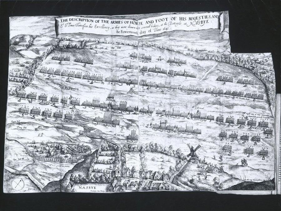 #OnThisDay 14 June 1645 was the Battle of Naseby (with hindsight) the decisive battle of the first #EnglishCivilWar, where the army of Charles I was defeated by the New Modelled Army commanded by Sir Thomas Fairfax with Cromwell as his deputy. Map in our collection. #17thCentury