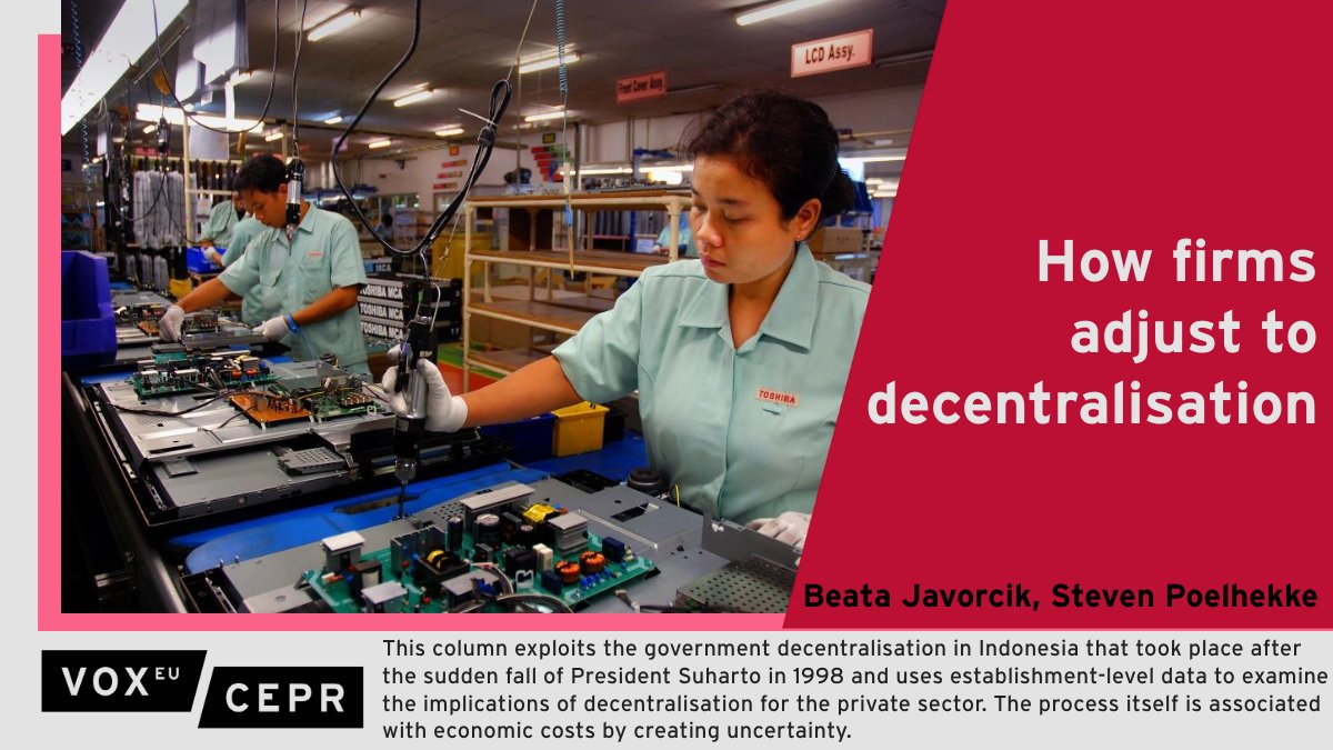 VoxEU (@voxeu) on Twitter photo While government decentralisation can potentially bring many benefits, it is also associated with economic costs by increasing uncertainty as shown in data from #Indonesia in the 1990s.
<a href="/BJavorcik/">Beata Javorcik</a> <a href="/EBRD/">The EBRD</a> <a href="/UniofOxford/">University of Oxford</a>, S Poelhekke <a href="/VUamsterdam/">Vrije Universiteit Amsterdam (inactief)</a> <a href="/ResearchTI/">Tinbergen Institute</a>
ow.ly/kcVW50SizR3 While government decentralisation can potentially bring many benefits, it is also associated with economic costs by increasing uncertainty as shown in data from #Indonesia in the 1990s.
<a href="/BJavorcik/">Beata Javorcik</a> <a href="/EBRD/">The EBRD</a> <a href="/UniofOxford/">University of Oxford</a>, S Poelhekke <a href="/VUamsterdam/">Vrije Universiteit Amsterdam (inactief)</a> <a href="/ResearchTI/">Tinbergen Institute</a>
ow.ly/kcVW50SizR3