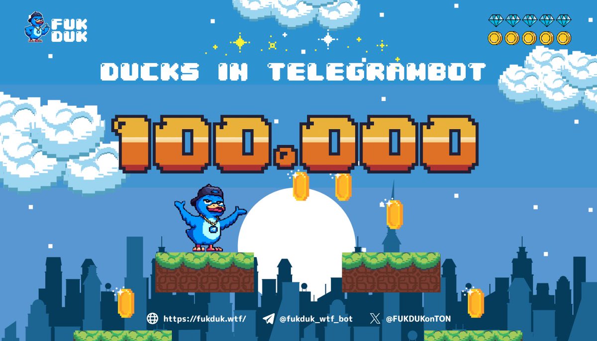 🚀🦆 Amazing milestone alert! 
 
We’re thrilled to announce that 100K Ducks are now enjoying the FUKDUK universe! 🌌
 
✨ Fly high and keep soaring to new heights!

 🚀 Let's continue this incredible journey together.
t.me/fukduk_wtf_bot…
#FUKDUK #TON $FUDU