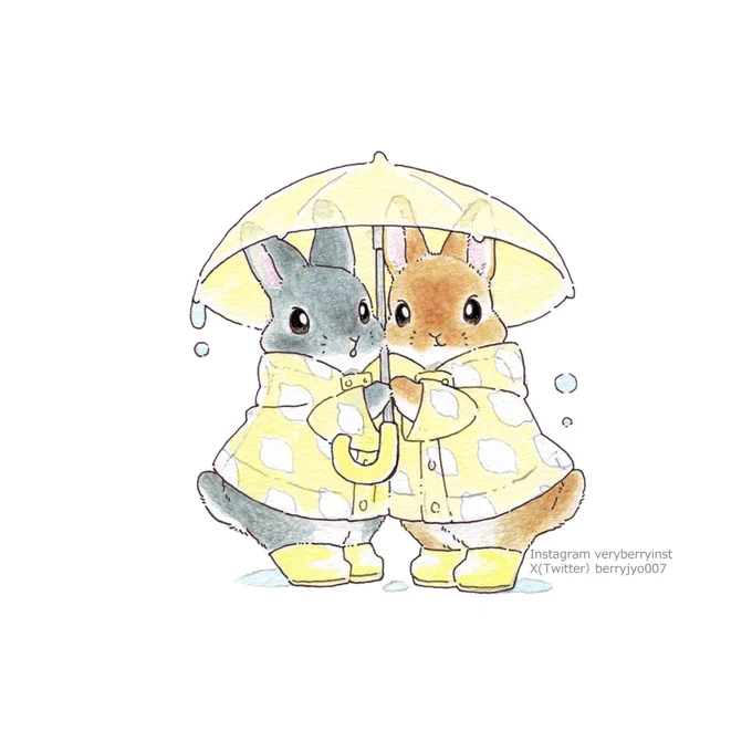 うさぎさんの雨の日コーデ〜毎日イラスト投稿1598日目〜      仲良しレッキスさんはおそろいだね       