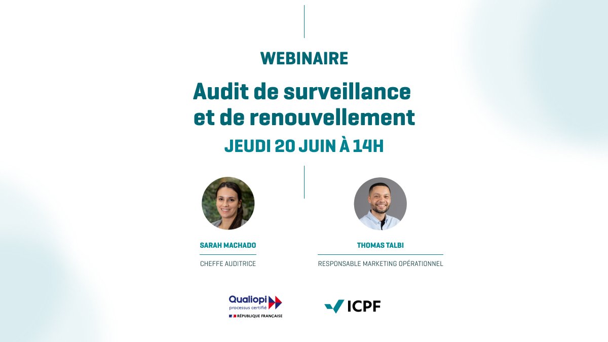 🚀 Conservez votre certification Qualiopi pour bénéficier de ses avantages pour votre activité !

🖥️ Participez à notre Webinaire, jeudi 20 juin à 14h : ow.ly/hRxW50SbOK6

#Qualiopi #FormPro #AuditSurveillance #AuditRenouvellement