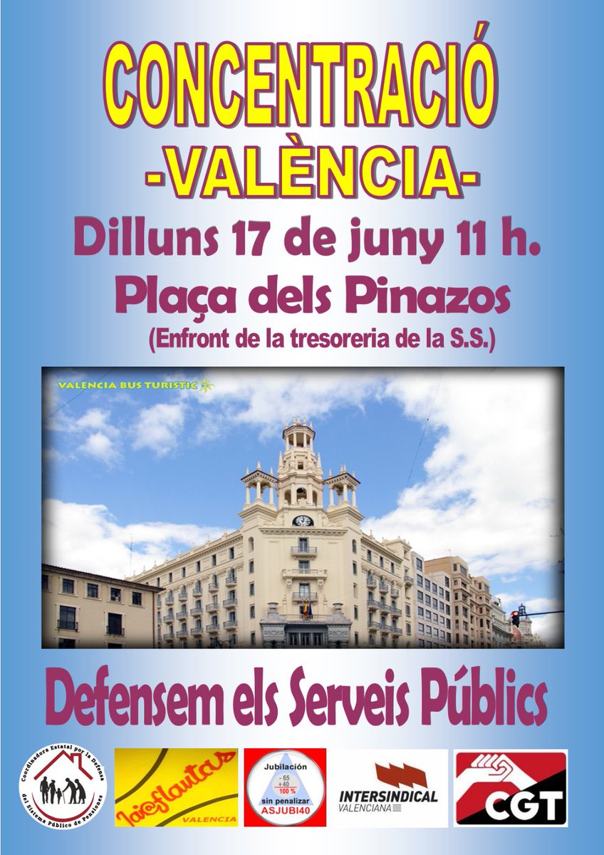El proper dilluns tenim la concentració per a defensar els Serveis Públics ✊🏼

🗓 dilluns 17 de juny

🕖 11:00 h

Lloc: enfront de la tresoreria de la S.S, plaça dels Pinazo

<a href="/CoespeOficial/">COESPE@OFICIAL</a> 

<a href="/iaioflautas/">Iaioflautas</a> 

<a href="/iaioflautasvale/">iaioflautasvalencia</a> 

<a href="/asjubi40/">Asjubi40</a> 

<a href="/CGTvalencia/">★CGT València</a>