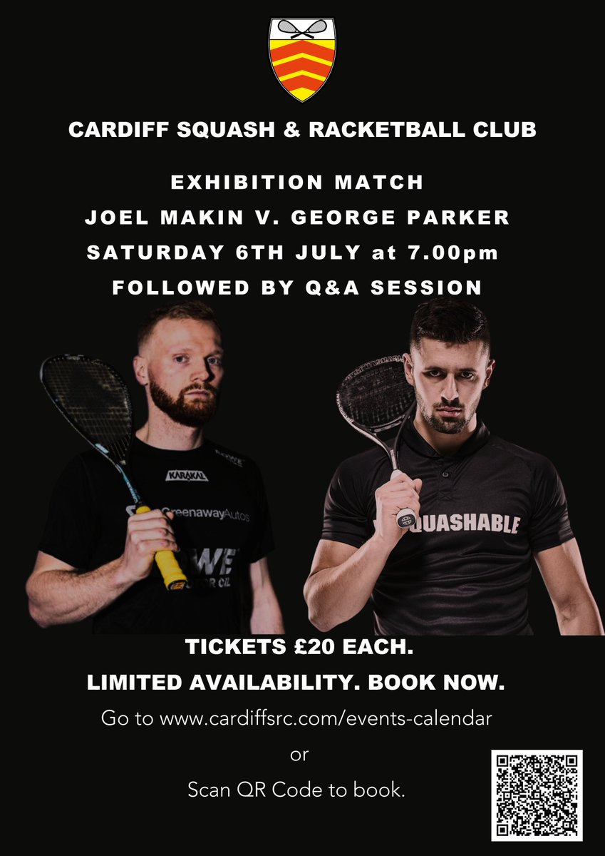 EXHIBITION MATCH. MAKIN V PARKER. 6th JULY. CARDIFF SQUASH &amp; RACKETBALL CLUB . BOOK NOW. cardiffsrc.com/events-calenda… #joelmakin #georgeparker #squashmatch #cardiffsquash