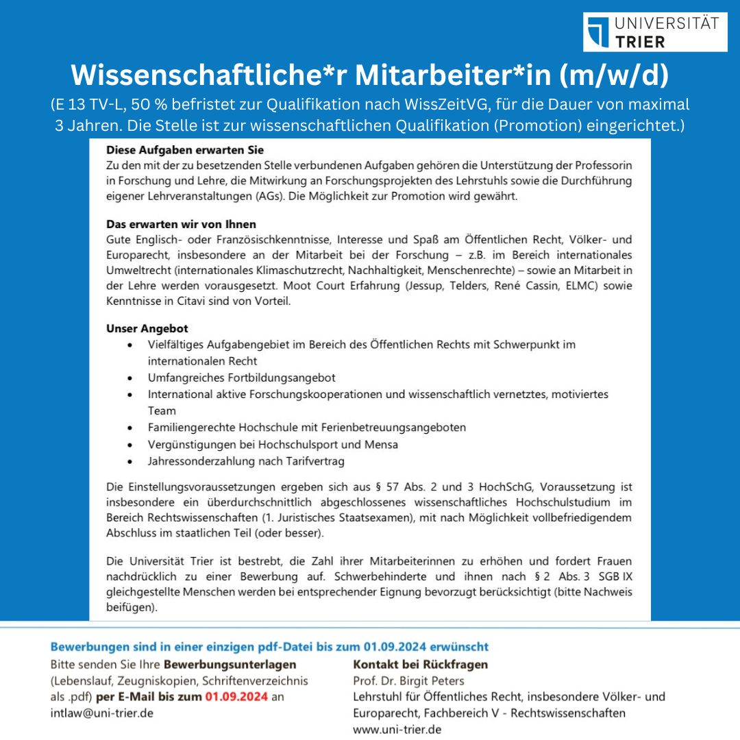 #stellefrei! Wir suchen eine:n neue:n wissenschaftliche:n  Mitarbeiter:in!!! Interesse am Völkerrecht, Klimaschutzrecht,  Klimaklagen, Klimagerechtigkeit, Biodiversitätsschutz, allgemeinen  völker- und europarechtlichen Fragen und der Organisation der #GNR des  #Jessup in 2026?