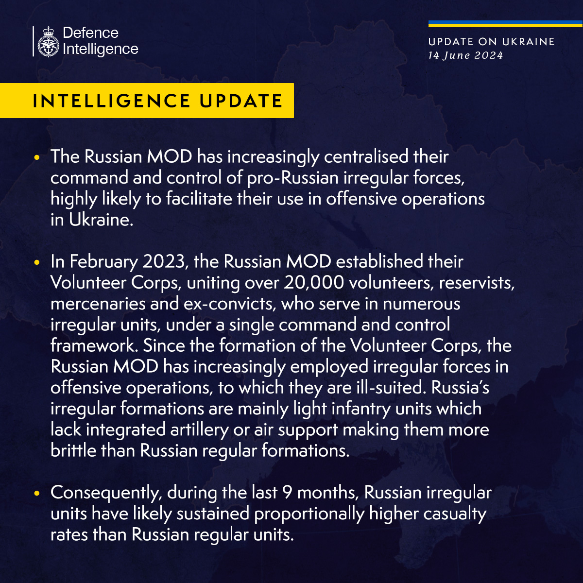The Russian MOD has increasingly centralised their command and control of pro-Russian irregular forces, highly likely to facilitate their use in offensive operations in Ukraine.  In February 2023, the Russian MOD established their Volunteer Corps, uniting over 20,000 volunteers, reservists, mercenaries and ex-convicts, who serve in numerous irregular units, under a single command and control framework. Since the formation of the Volunteer Corps, the Russian MOD has increasingly employed irregular forces in offensive operations, to which they are ill-suited. Russia’s irregular formations are mainly light infantry units which lack integrated artillery or air support making them more brittle than Russian regular formations.  Consequently, during the last 9 months, Russian irregular units have likely sustained proportionally higher casualty rates than Russian regular units.