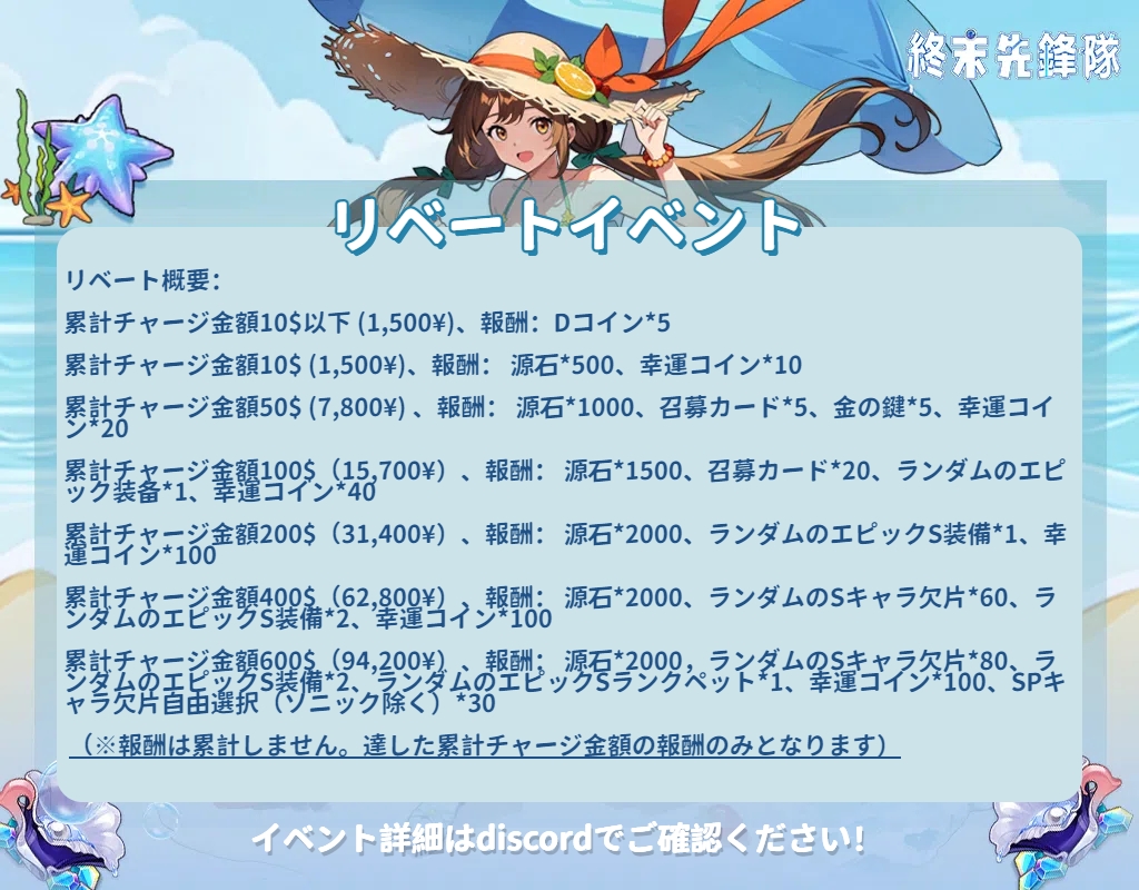 イチゴのチャージリベート特典―第二弾』 Webチャージ特典襲来！さらに、イチゴの特別リベートイベント再開！ イエイ！良いお知らせ！6月15日（土）  0:00 ～ 23:59 公式サイトチャージ20％割引！ （※Webチャージについて、公式サイトでのチャージはゲーム内の2倍報酬 ...