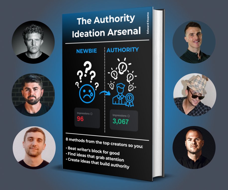 These guys get 100K+ views a post despite the algo being trash.

How?

By posting outstanding IDEAS.

So I wrote a 46-page ebook of their 8 best ideation methods.

Available for 48h.

Want it?

⇝ Like
⇝ Comment your favorite creator
⇝ Follow (so I can DM)

Repost for bonus ↓