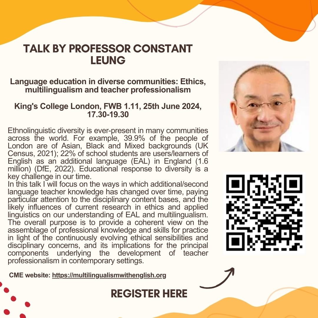 Centre for Multilingualism with English (@cmultienglish) on Twitter photo CME EVENT: Join us on Tuesday 25th June at 5:30pm at <a href="/KingsCollegeLon/">King's College London</a> (Waterloo Campus) for Prof Constant Leung's talk.
Register for free here: forms.office.com/e/UQcSJyAHE1
#multilingualism #languageeducation CME EVENT: Join us on Tuesday 25th June at 5:30pm at <a href="/KingsCollegeLon/">King's College London</a> (Waterloo Campus) for Prof Constant Leung's talk.
Register for free here: forms.office.com/e/UQcSJyAHE1
#multilingualism #languageeducation