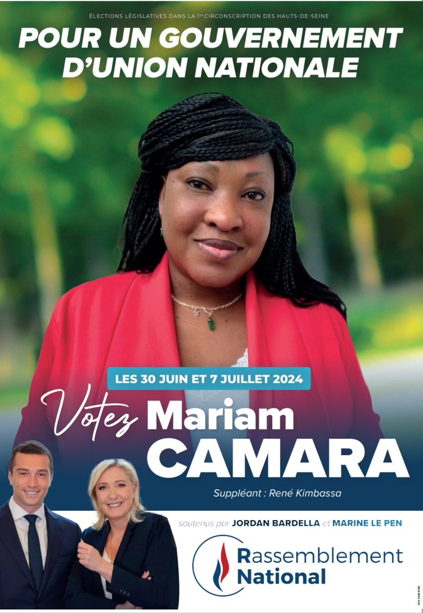Camara_Mariam28's tweet photo. Je serai à nouveau candidate aux élections législatives dans la 1 ère circonscription des Hauts-de-Seine, couvrant Villeneuve-la-Garenne , Gennevilliers et Colombes. À tous les patriotes, rejoignez notre union nationale ! 🇫🇷 #BardellaPremierMinistre https://t.co/Bvau8jQDbX