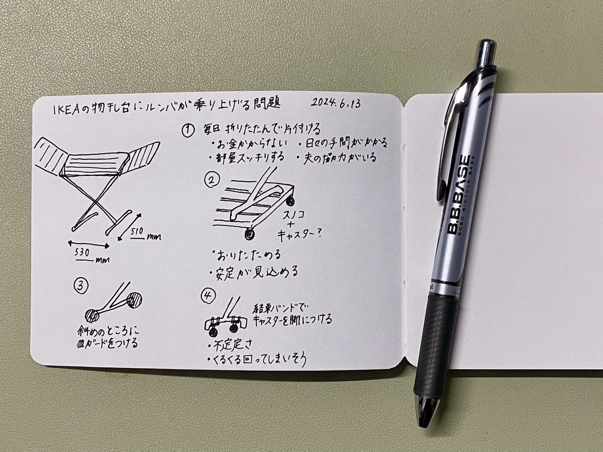 booknote_tokyo's tweet image. 一週間お疲れ様でした！
ここ最近、家具に乗り上げ息絶えていることが多い我が家のルンバ様。お部屋のルンバブル化を進めています🐣
絵にすると別アイデアを思いついたり問題点が見えたりしますよね〜。

本対策は「①毎日折りたたんで片付ける」を採用することとなりました。
#yokobonスケッチノート