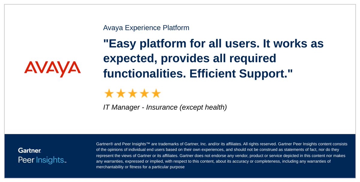 An IT Manager in the insurance industry has awarded Avaya Experience Platform a perfect 5 out of 5 rating on Gartner Peer Insights™ for the #ContactCenter as a Service (#CCaaS) market.
Read the full review: gtnr.io/2ZhAq1MVc #gartnerpeerinsights #CX