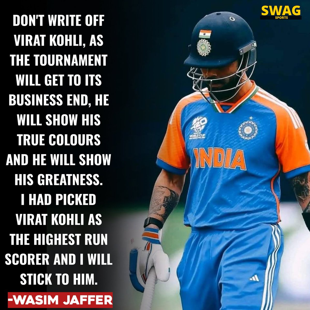 swagcricket's tweet photo. Wasim Jaffer is backing Virat Kohli to come good in the upcoming matches of the T20 World Cup 2024.

#ViratKohli #IndianCricketTeam #T20WorldCup #T20WC2024 #Cricket https://t.co/rlNfVTgIRe