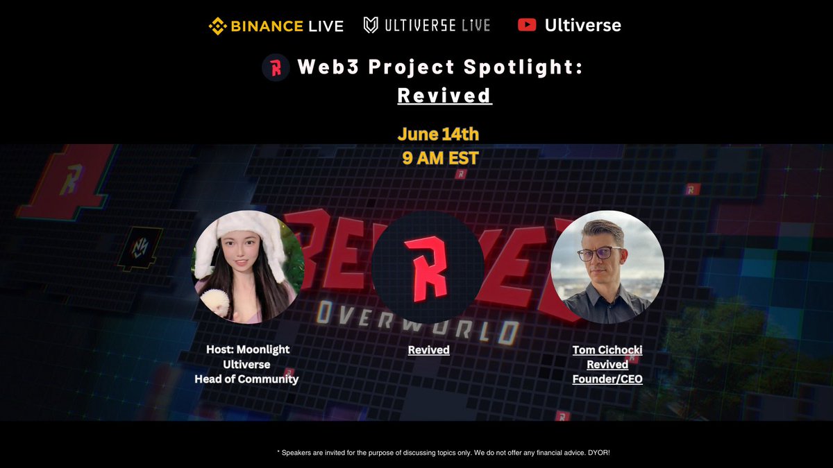 Moon1ightSt's tweet image. 🎙️Web3 Project Spotlight: Revived | Ultiverse Live

📅 June 14th
⏰ 9 AM EST

⭐️ Speaker
Tom Cichocki @TomFYE, @playrevived Founder &amp;amp; CEO

⭐️ Host
@moon1ightst, @UltiverseDAO Head of Community

🔗Join us on #Binance Live: binance.com/en/live/video?…