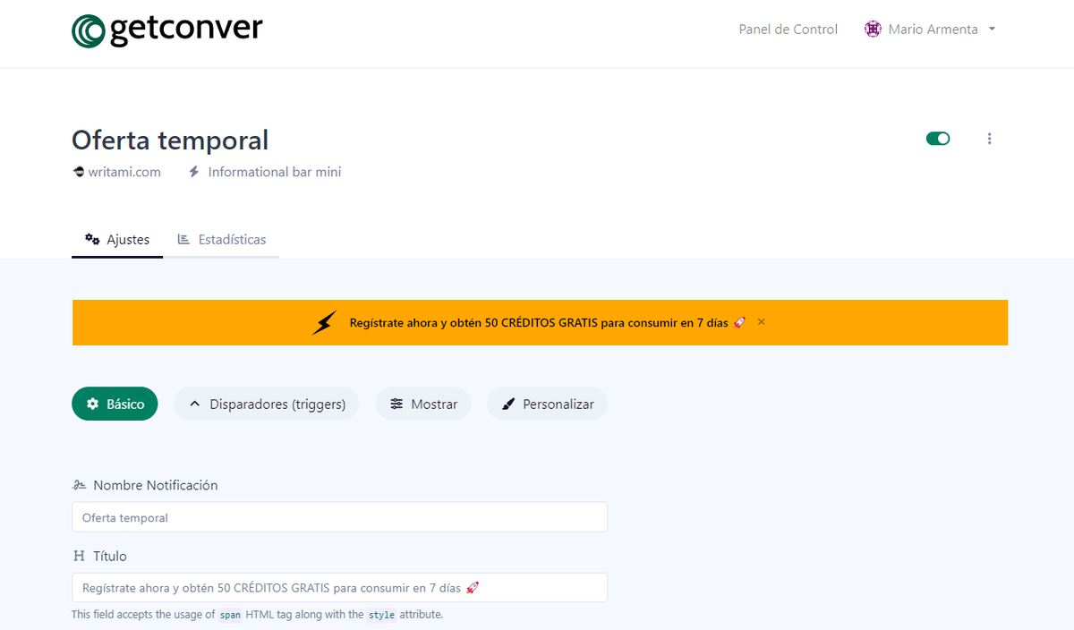 marioarmentaart's tweet image. 5,26% CTR este popup informacional que aparece al hacer un 50% de scroll en Writami.