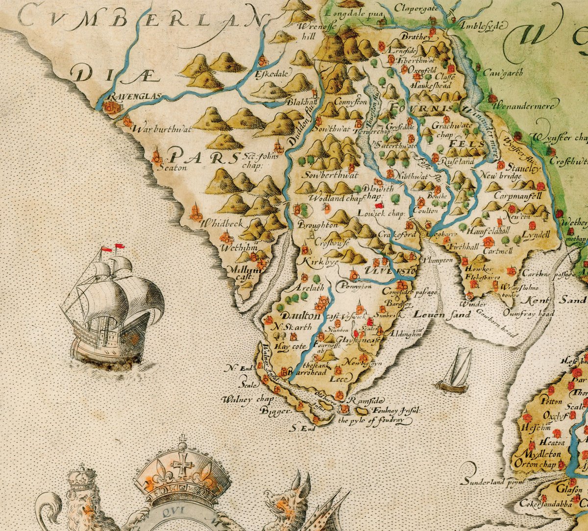 Maps of Cumbria: Christopher Saxton visited Westmorland and Cumberland in 1576 with a commission to make the first ever county map. A year later he published 'Lancastriae Comitatus Palatin[us]'. The original plates were still being used 200 years later. inspiredbylakeland.co.uk/products/cumbr…