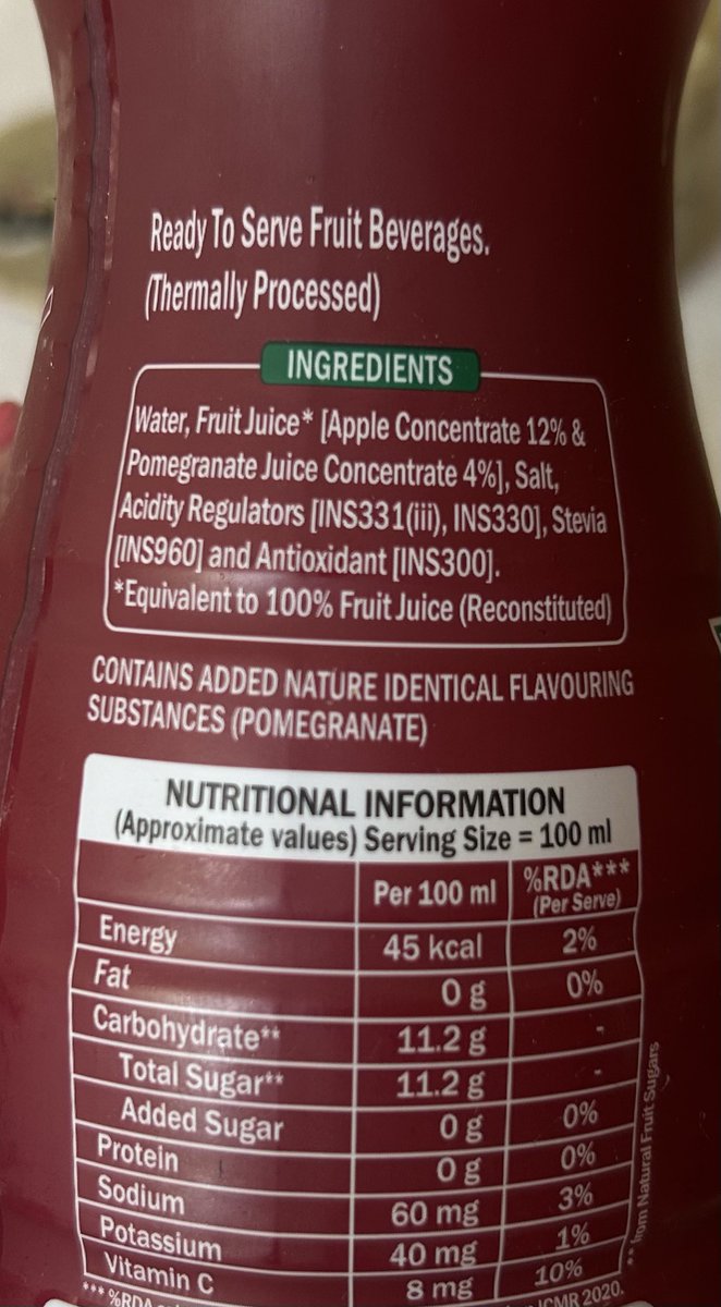 AnugyaJha3's tweet photo. How much should a customer endure the scams of the food industry by the misuse of language? 

This 100% pomegranate juice with no added sugar sounded relishing while we ordered it. But upon turning to its ingredients we were horrored by its cunning wordplay. https://t.co/iuGczyQN9f