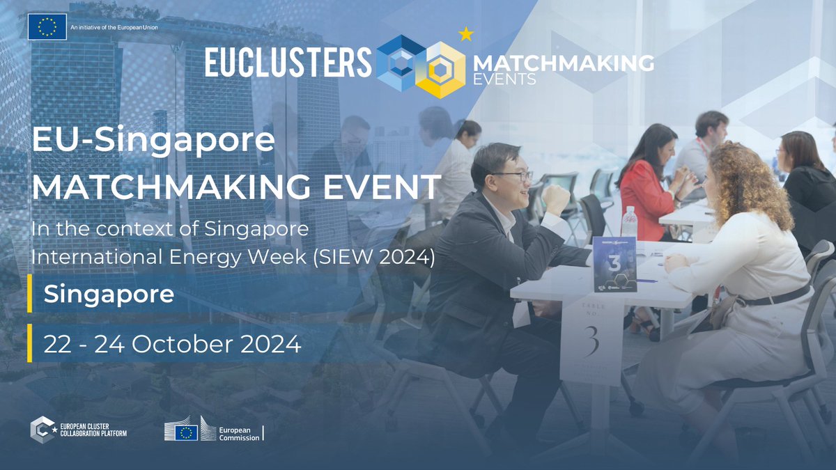 APPLY NOW 👉 #ECCPMatchmaking event at <a href="/SIEW_sg/">SingaporeInternationalEnergyWeek</a>! 🇪🇺-🇸🇬 

📅 22-24 October 2024 
📍 Singapore

Focus: Clean energy, emobility, green tech
✅ Networking 
✅ Collaboration 

⏳ Clusters: 18 June 
⏳ SMEs: 9 July

More👉 clustercollaboration.eu/content/eu-sin…
