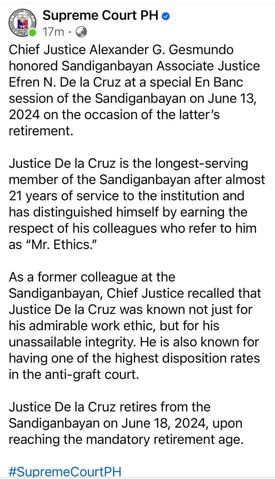ABS CBN News on X LOOK The Supreme Court honored Sandiganbayan Associate Justice Efren De la Cruz who will retire from service on June 18 2024. The high court said De la Cruz
