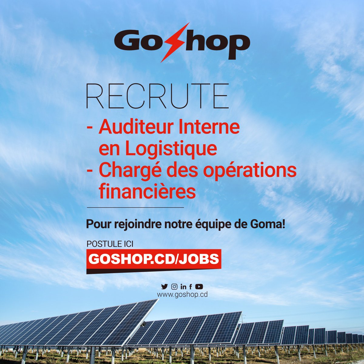 GoShopEnergy's tweet photo. Nous recrutons pour rejoindre notre équipe de Goma⚡
- auditeur (trice) interne Logistique :
https://t.co/V5J95f0s0B
- un(e) chargé(e) des opérations financières:
https://t.co/qVIN8IBGhd
#GoShop
#OffreEmploi https://t.co/M2HvJrCAIx