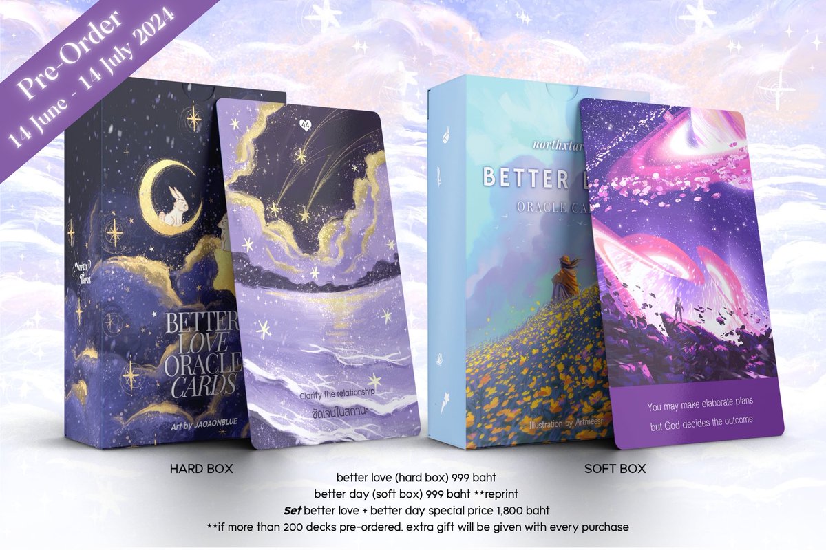 northxtarot's tweet photo. [เปิดพรีออเดอร์]

Better Love Oracle &amp; Better Days Oracle
เปิดพรีออเดอร์ตั้งแต่วันนี้ - 14 กรกฎาคม 2024
กำหนดจัดส่ง : ภายในสิ้นเดือนสิงหาคม

สำรับละ 999 บาท

สั่งซื้อและดูรายละเอียดเพิ่มเติมได้ทาง : https://t.co/hHEvz64QXE

สุ่มแจก 1 สำรับสำหรับคนที่รีโพสต์นี้ 🌈🤍 https://t.co/cJ09rzWqlz